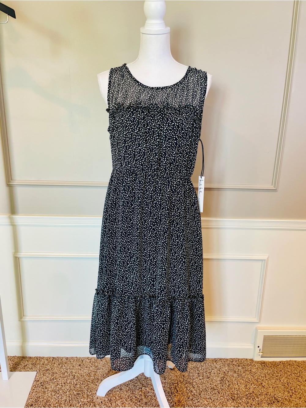 New Nicole Miller 12 Midi Dress Sleeveless Ruffle Trim Elastic Waist Tiered Midi